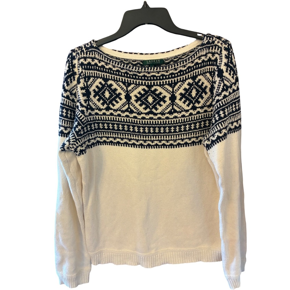 Lauren Ralph Lauren Sweater Women XL Blue White Fair Isle Knit Boat Neck Exc